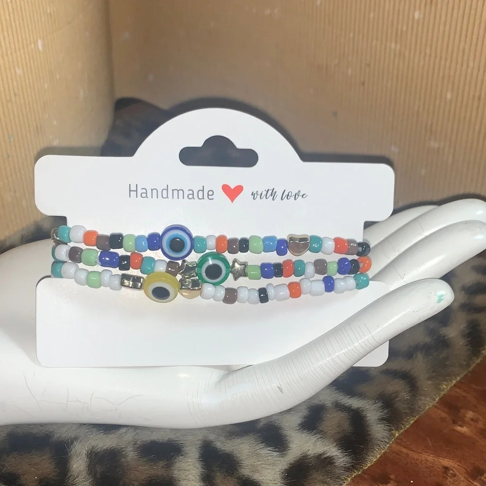 Handmade Glass Beaded Eye Wrap Bracelet - Multicolor 7” - Picture 2 of 4